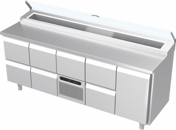 Systeemkeuken saladiëre - 5 secties - 2x 2 lade, motor + lade, 2 lade | deur